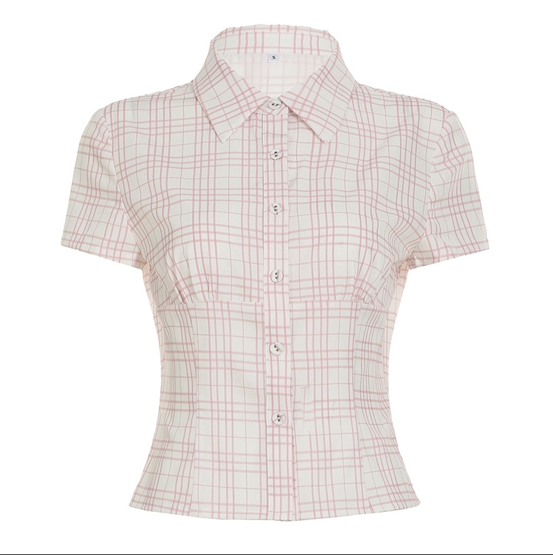 Clothes Women's Clothing Tops Bodysuits Casual Style Contrasting Pattern Woven Short-Sleeved Shirt Polo Collar Button-Down Waist Slim Fit Basic Top