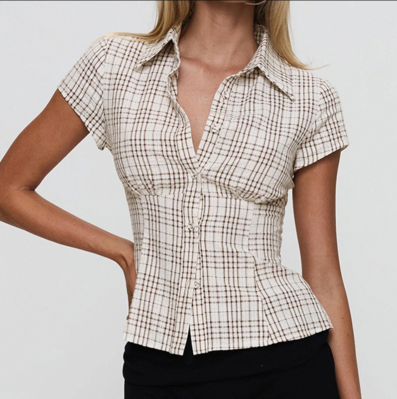 Clothes Women's Clothing Tops Bodysuits Casual Style Contrasting Pattern Woven Short-Sleeved Shirt Polo Collar Button-Down Waist Slim Fit Basic Top