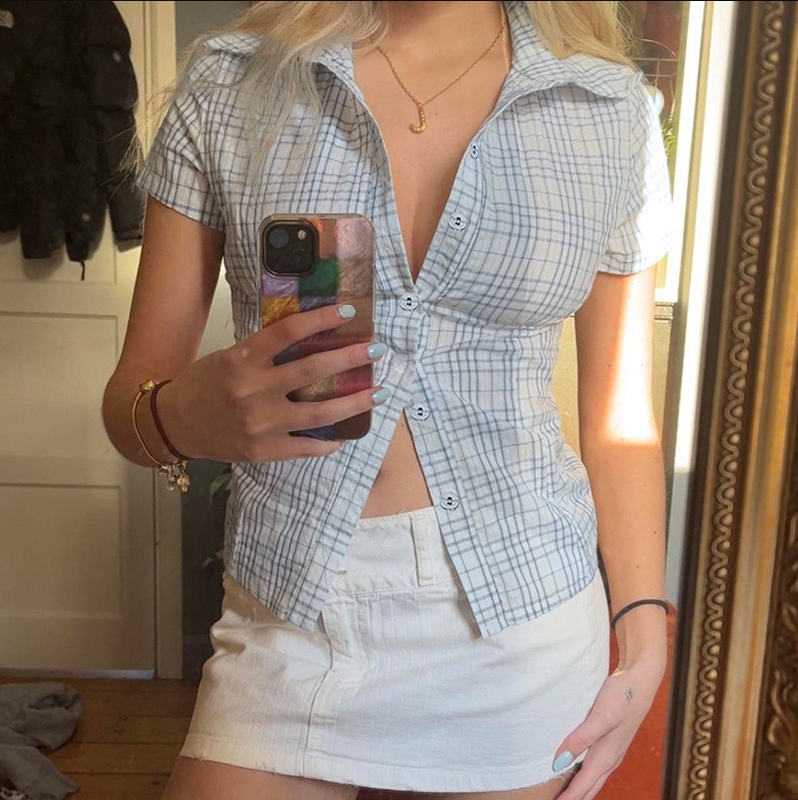 Clothes Women's Clothing Tops Bodysuits Casual Style Contrasting Pattern Woven Short-Sleeved Shirt Polo Collar Button-Down Waist Slim Fit Basic Top