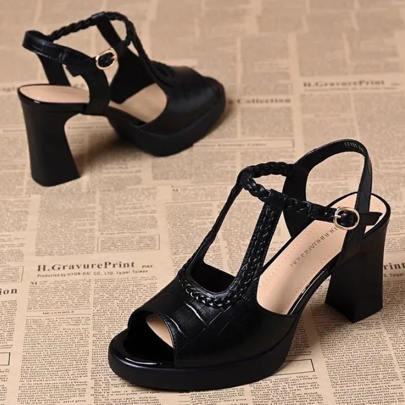 Women's Stone Pattern High Heel Fish Mouth Sandals Thick Heel Waterproof Platform One-Strap Woven Shoes