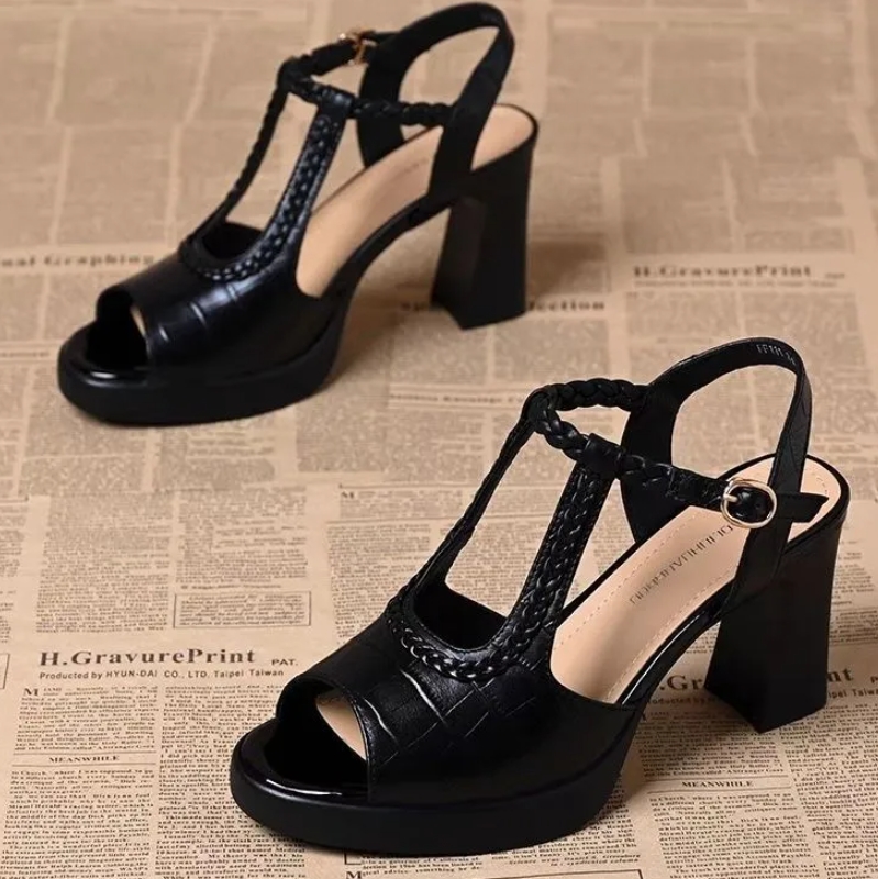 Women's Stone Pattern High Heel Fish Mouth Sandals Thick Heel Waterproof Platform One-Strap Woven Shoes