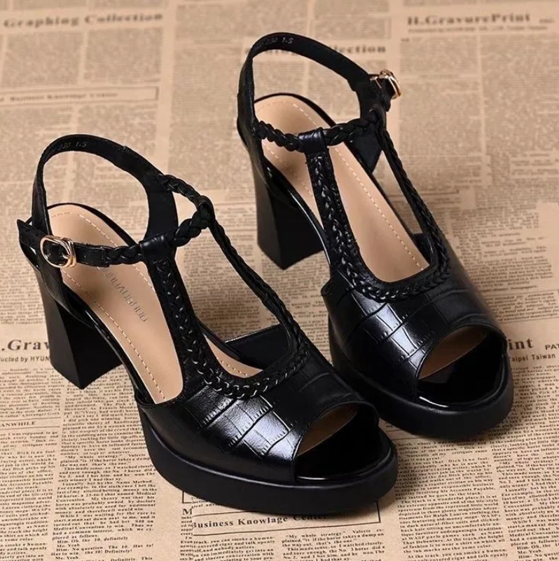 Women's Stone Pattern High Heel Fish Mouth Sandals Thick Heel Waterproof Platform One-Strap Woven Shoes