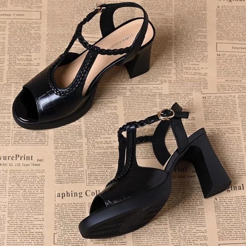 Women's Stone Pattern High Heel Fish Mouth Sandals Thick Heel Waterproof Platform One-Strap Woven Shoes