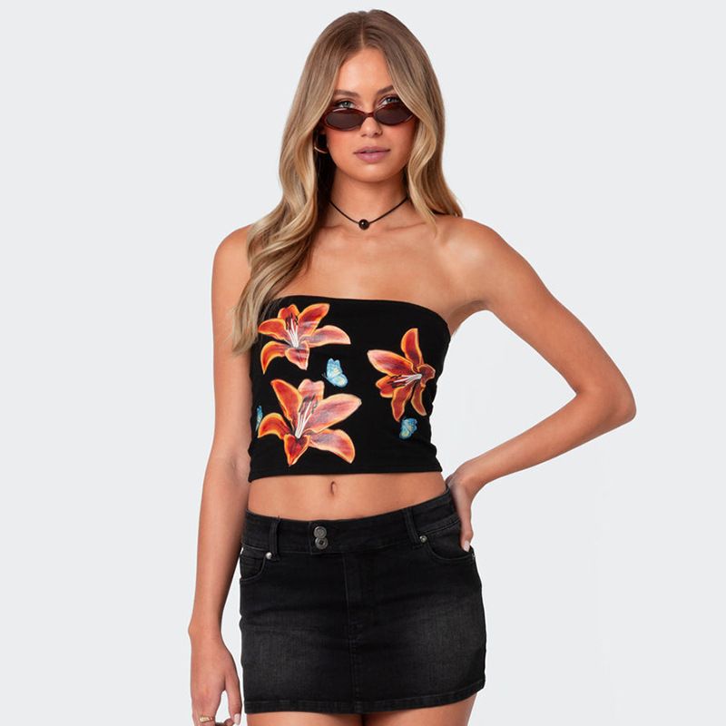 Clothes  Women's Clothing  Tops  Bodysuits American Sexy Sweet And Spicy Plant Floral Print Short Belly-Baring Tops For Women New
