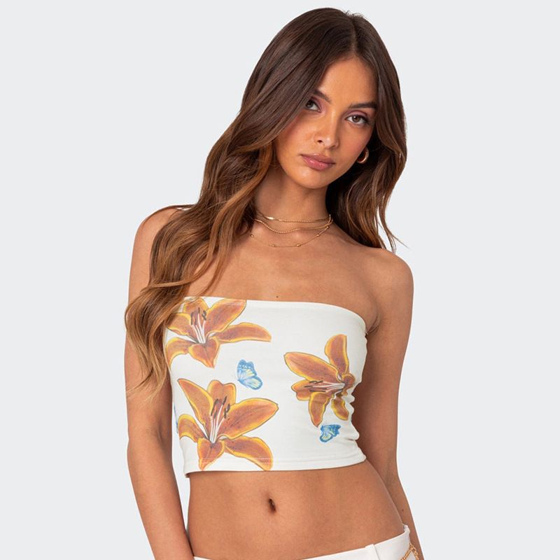 Clothes  Women's Clothing  Tops  Bodysuits American Sexy Sweet And Spicy Plant Floral Print Short Belly-Baring Tops For Women New