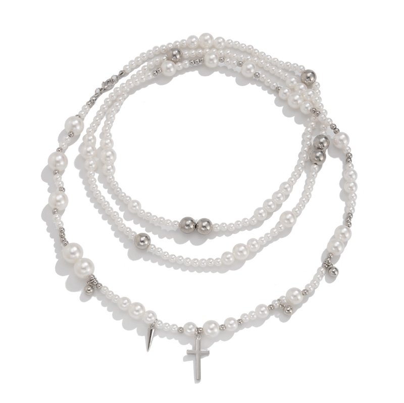 Fashion Accessories  Jewelry Women Jewelry Necklaces  Pendant Necklaces Retro Multi-Layer Imitation Pearl Handmade Choker Necklace Cold Personality Rivet Pendant Necklace Jewelry