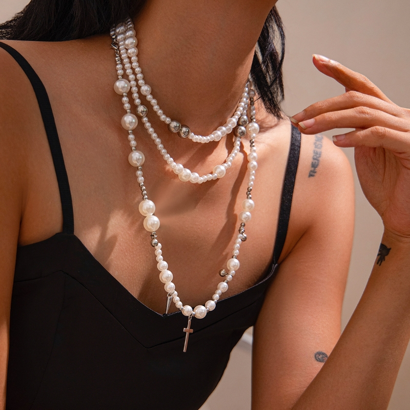 Fashion Accessories  Jewelry Women Jewelry Necklaces  Pendant Necklaces Retro Multi-Layer Imitation Pearl Handmade Choker Necklace Cold Personality Rivet Pendant Necklace Jewelry