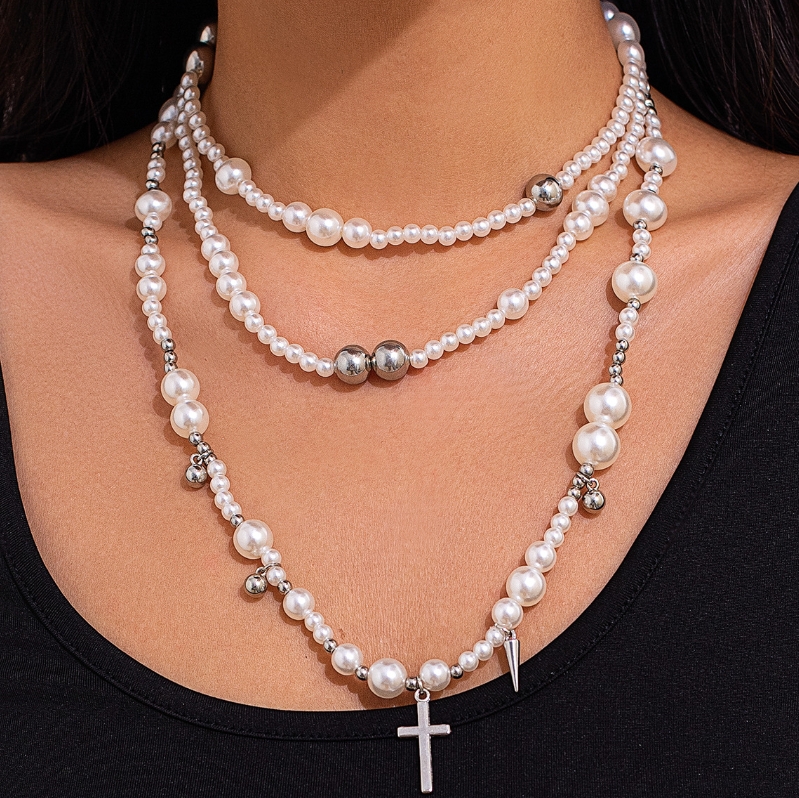 Fashion Accessories  Jewelry Women Jewelry Necklaces  Pendant Necklaces Retro Multi-Layer Imitation Pearl Handmade Choker Necklace Cold Personality Rivet Pendant Necklace Jewelry
