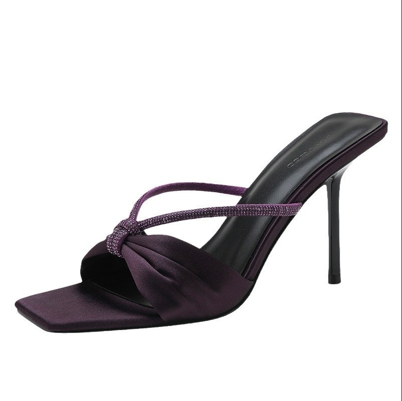 Purple Satin Rhinestone One-Strap Sandals For Women New Bowknot Open-Toe High-Heeled Sandals