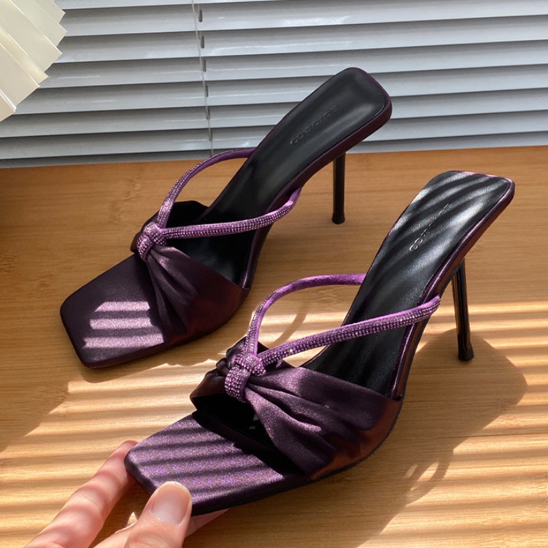 Purple Satin Rhinestone One-Strap Sandals For Women New Bowknot Open-Toe High-Heeled Sandals