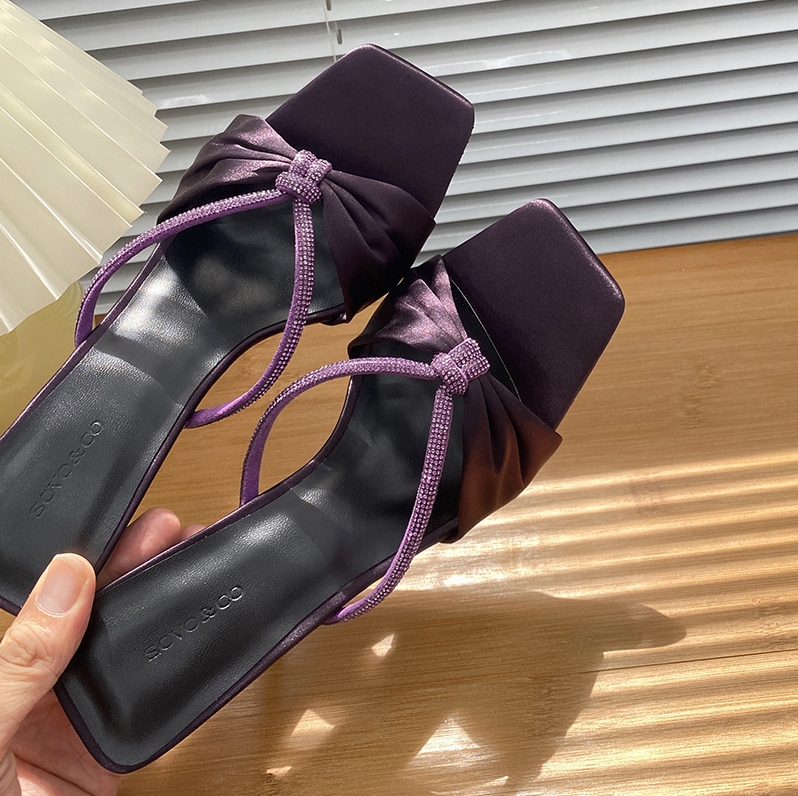 Purple Satin Rhinestone One-Strap Sandals For Women New Bowknot Open-Toe High-Heeled Sandals