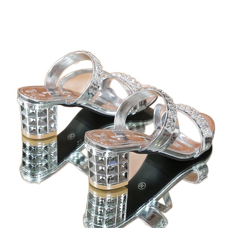 Shoes Women's Sandals High Heel Sandals Chunky Heels New Fashion Casual Outer Wear Rhinestone Flip Flops Large Size Sandals