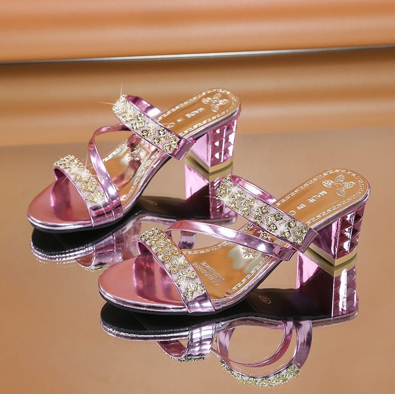 Shoes Women's Sandals High Heel Sandals Chunky Heels New Fashion Casual Outer Wear Rhinestone Flip Flops Large Size Sandals