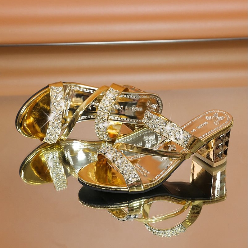 Shoes Women's Sandals High Heel Sandals Chunky Heels New Fashion Casual Outer Wear Rhinestone Flip Flops Large Size Sandals