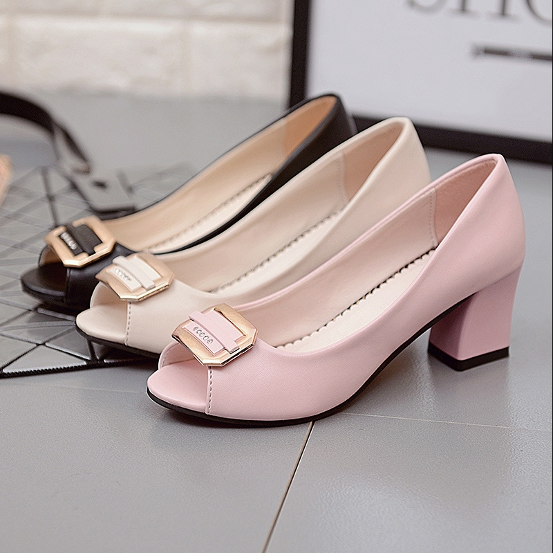 New Korean Version Of Fish Mouth Shoes High Heels Single Shoes Thick Heels Round Toe Square Buckle Professional Work Women's Sandals