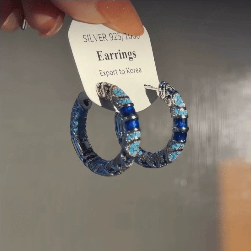 Blue Earrings Design Niche High-End Earrings Light Luxury Fashion Large Round Earrings Hoop Zircon Retro Exquisite Women