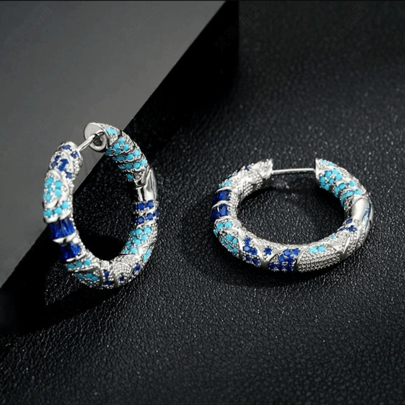 Blue Earrings Design Niche High-End Earrings Light Luxury Fashion Large Round Earrings Hoop Zircon Retro Exquisite Women