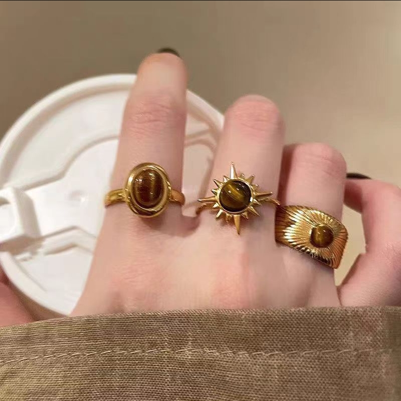 Golden Sunflower Tiger Eye Open Ring Female New High-end Ring Niche Retro Design Unique Versatile Ring