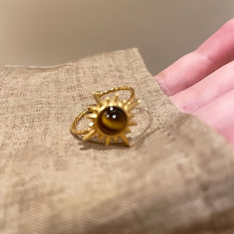 Golden Sunflower Tiger Eye Open Ring Female New High-end Ring Niche Retro Design Unique Versatile Ring