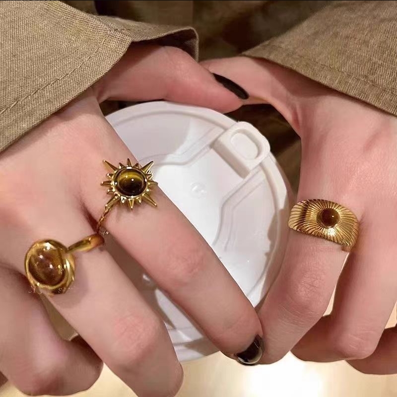 Golden Sunflower Tiger Eye Open Ring Female New High-end Ring Niche Retro Design Unique Versatile Ring