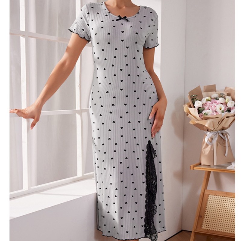 Fashionable And Sexy Women's Slim Fit Nightgown With Lace Slits And Heart Printed Short Sleeves