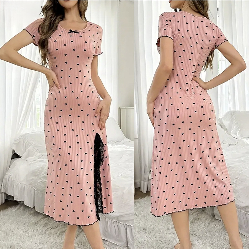 Fashionable And Sexy Women's Slim Fit Nightgown With Lace Slits And Heart Printed Short Sleeves