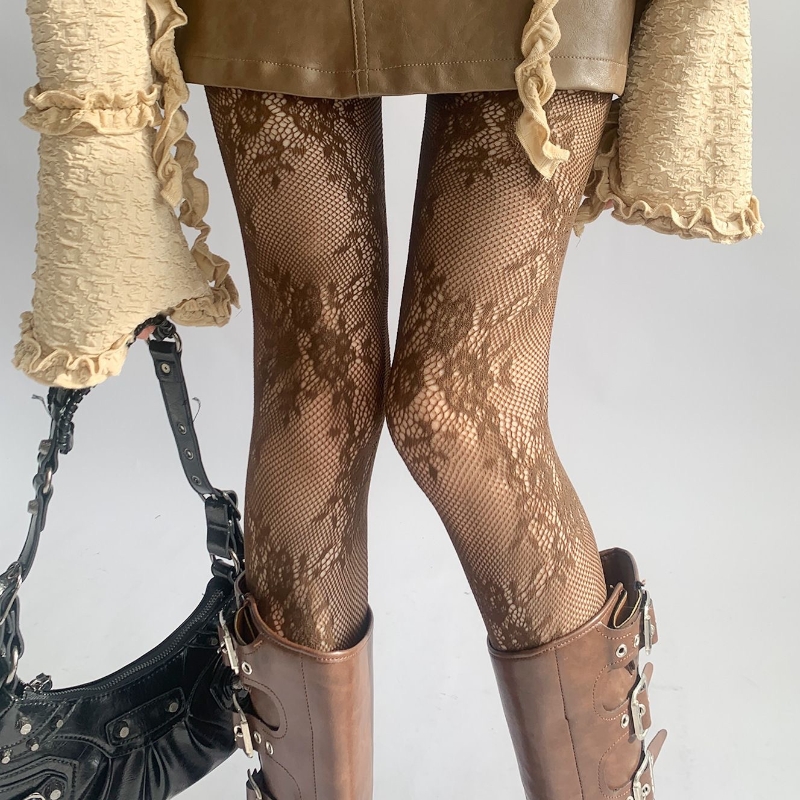 Lace Tights, Sexy Jacquard Mesh Stockings, Maillard Color Fishnet Stockings for Women