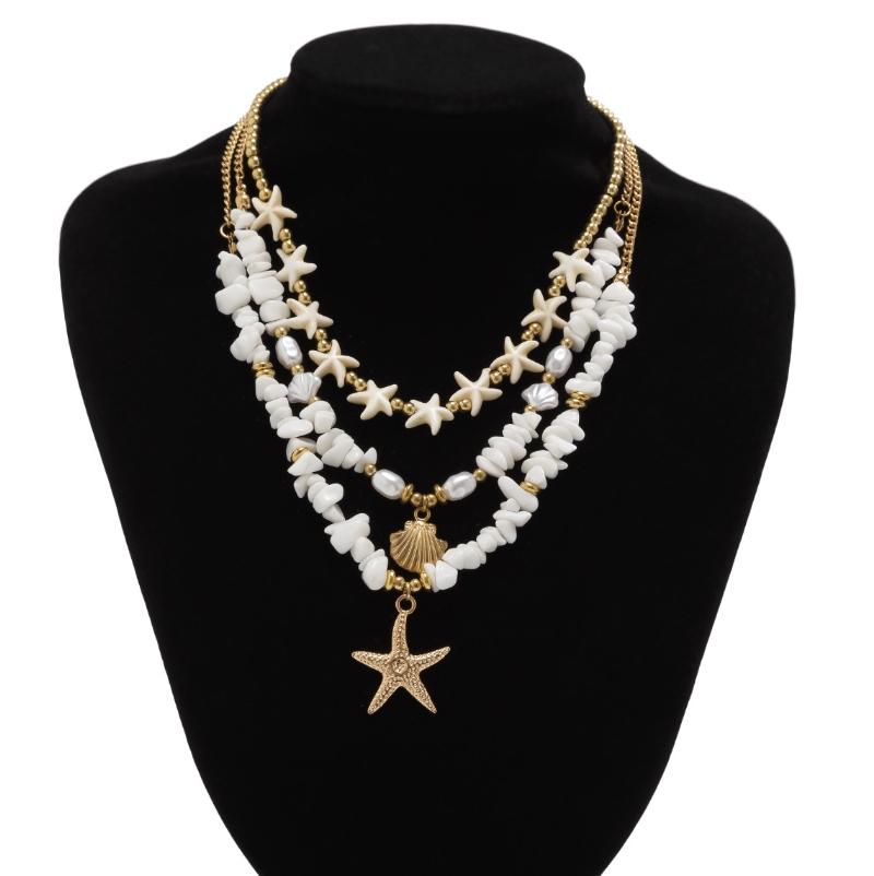 Bohemian Imitation Pearl Holiday Style Retro Beaded Necklace with Starfish Shell Pendant Necklace: A Luxurious and Lightweight Design