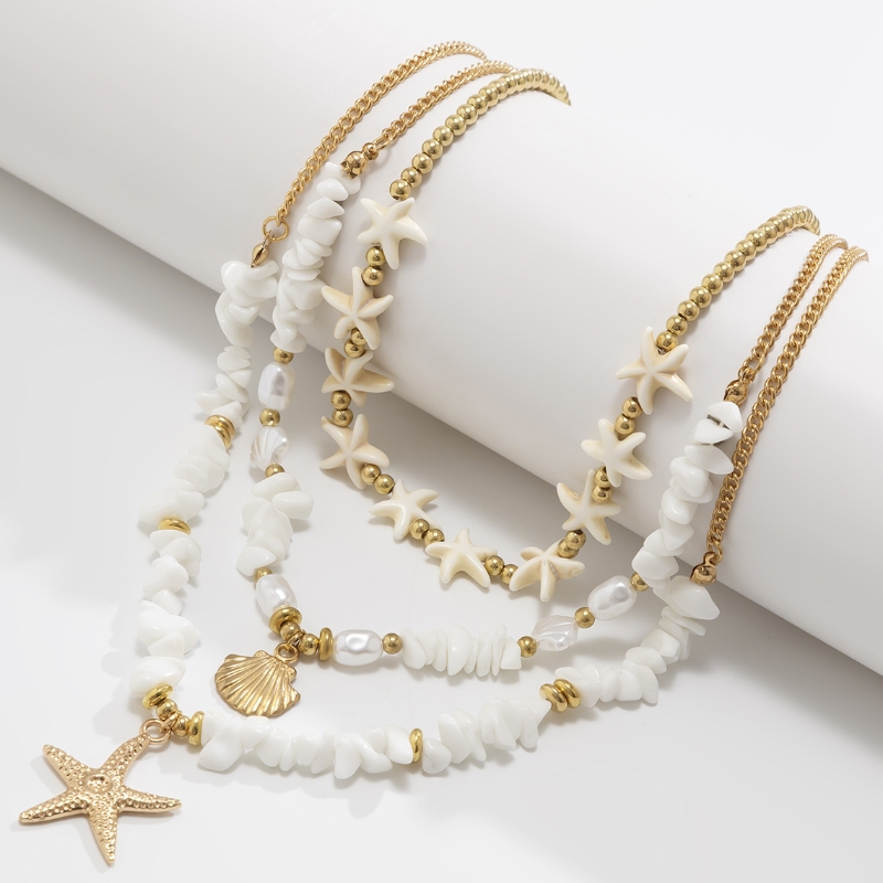 Bohemian Imitation Pearl Holiday Style Retro Beaded Necklace with Starfish Shell Pendant Necklace: A Luxurious and Lightweight Design