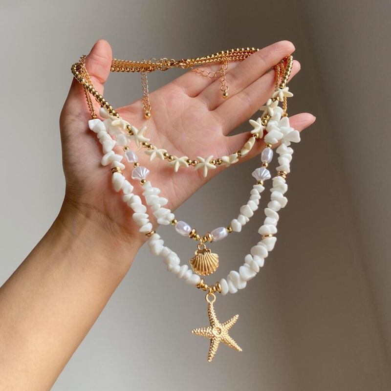 Bohemian Imitation Pearl Holiday Style Retro Beaded Necklace with Starfish Shell Pendant Necklace: A Luxurious and Lightweight Design