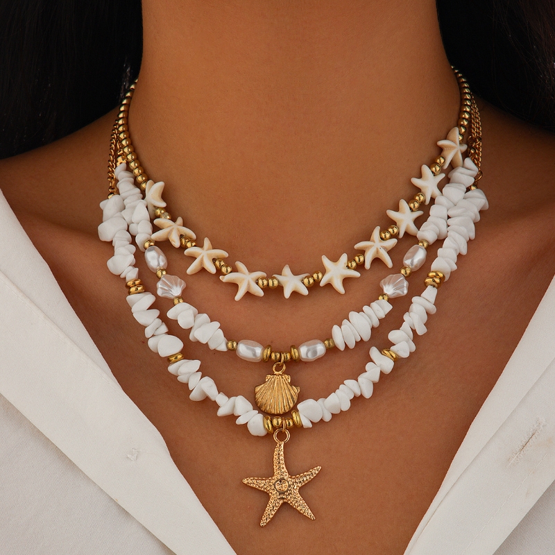 Bohemian Imitation Pearl Holiday Style Retro Beaded Necklace with Starfish Shell Pendant Necklace: A Luxurious and Lightweight Design