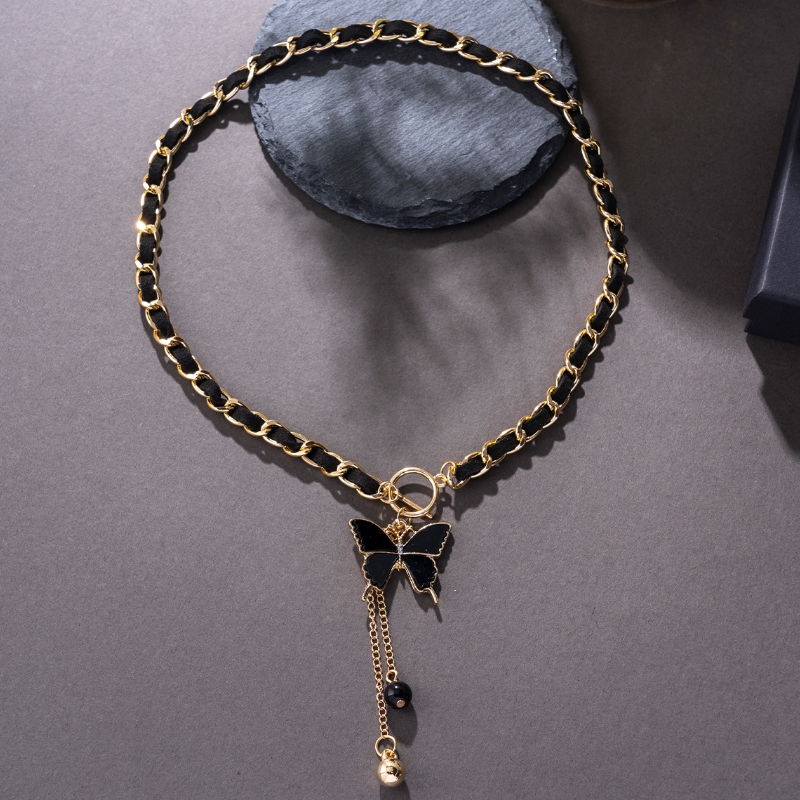 Women's Black Butterfly Wrap Velvet Clavicle Tassel Necklace