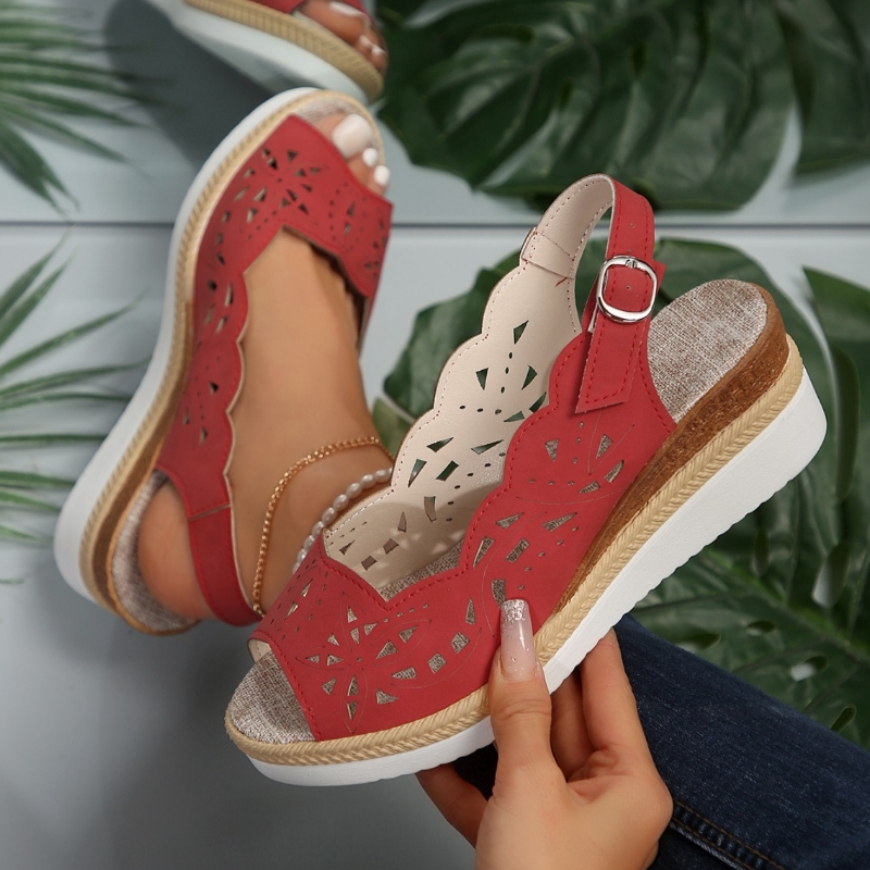 Women's Breathable Hollow Casual Sandals With Peep-Toe Buckle Strap And Platform Wedge Heel Sandals