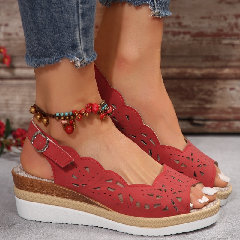 Women's Breathable Hollow Casual Sandals With Peep-Toe Buckle Strap And Platform Wedge Heel Sandals