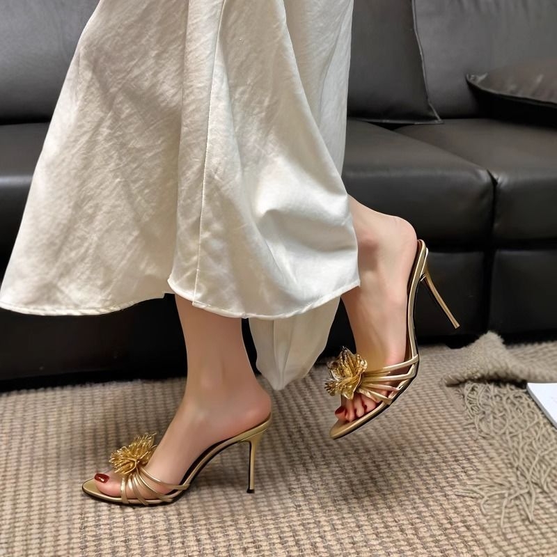 Elegant Gold Petal High-Heeled Sandals For Women