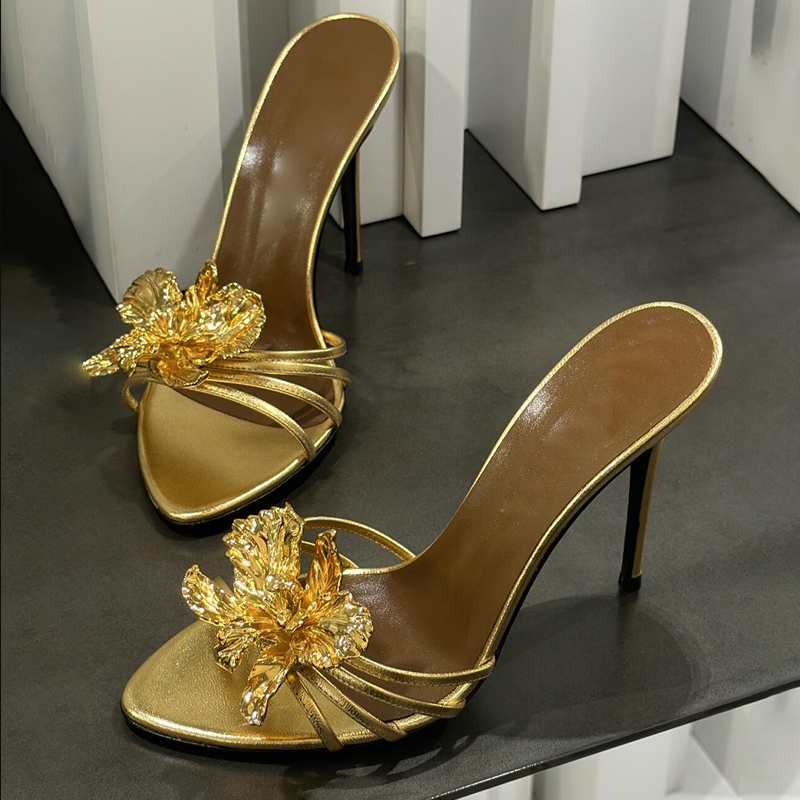 Elegant Gold Petal High-Heeled Sandals For Women