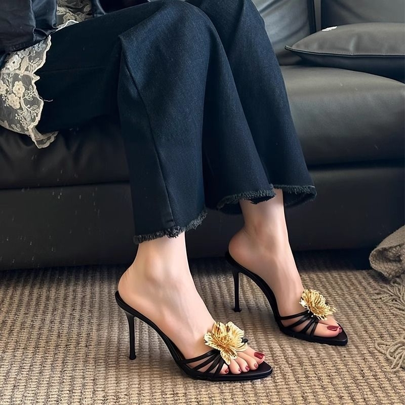 Elegant Gold Petal High-Heeled Sandals For Women