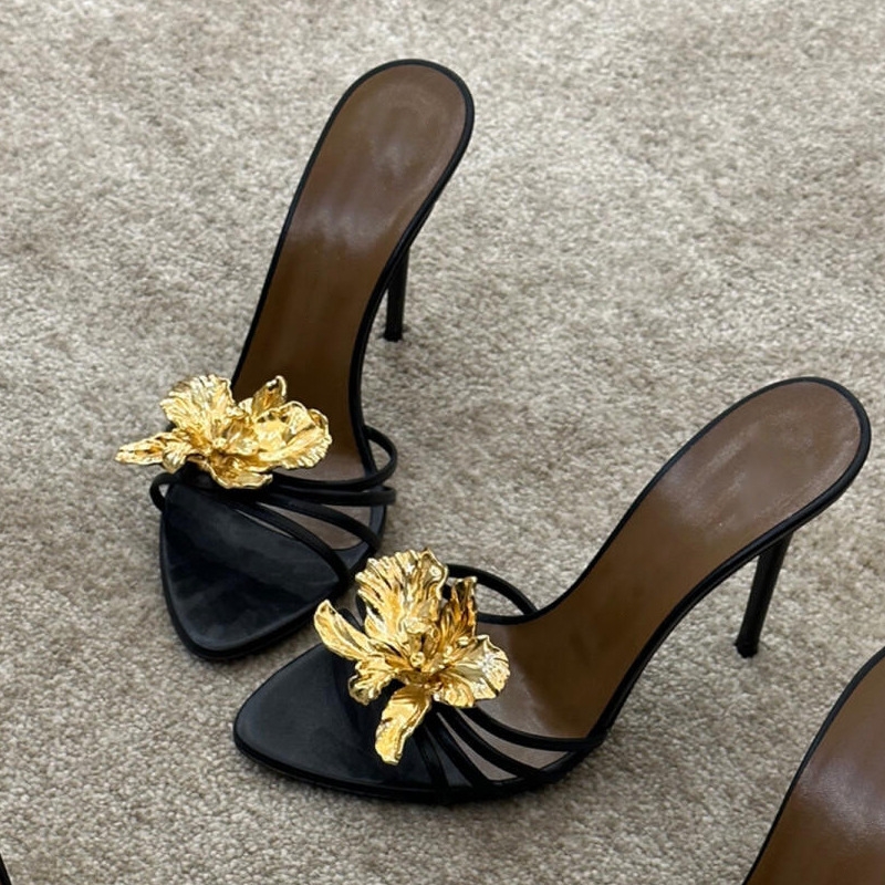 Elegant Gold Petal High-Heeled Sandals For Women