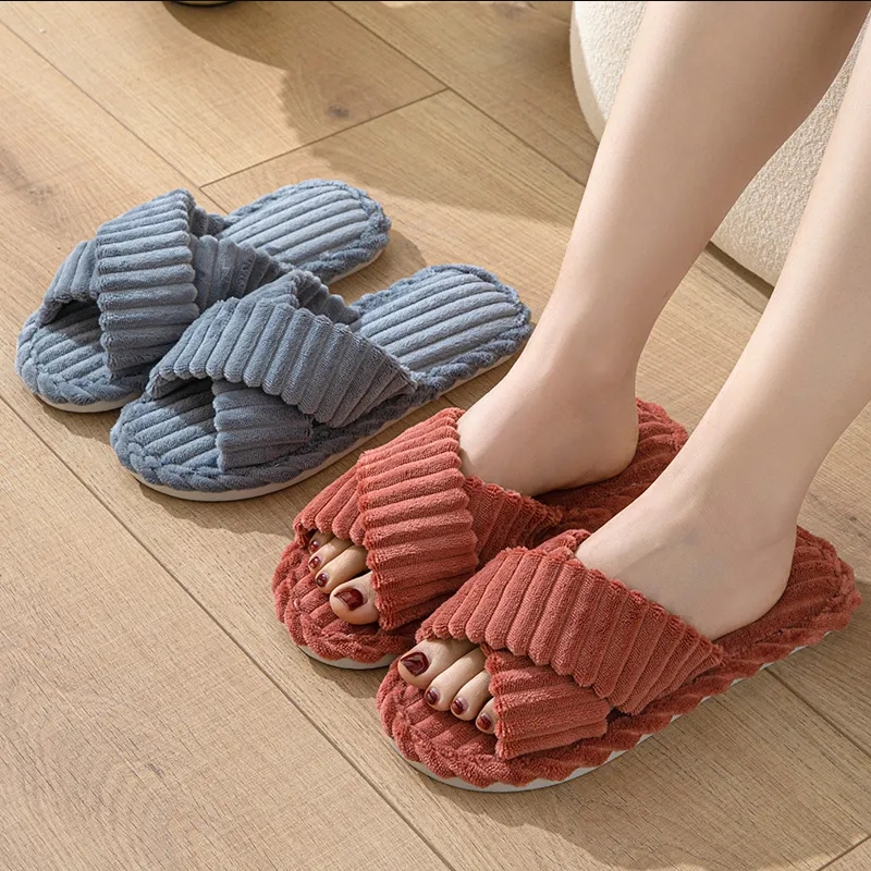 Thickened High-Value Super Soft Coral Fleece Women's Open-Toe Crossover All-Season Sandals