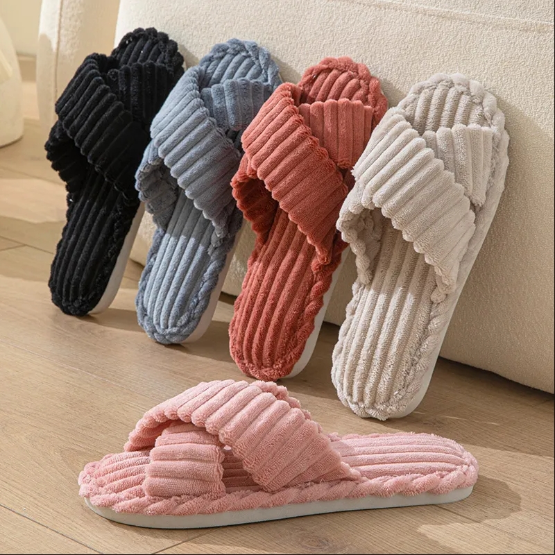 Thickened High-Value Super Soft Coral Fleece Women's Open-Toe Crossover All-Season Sandals