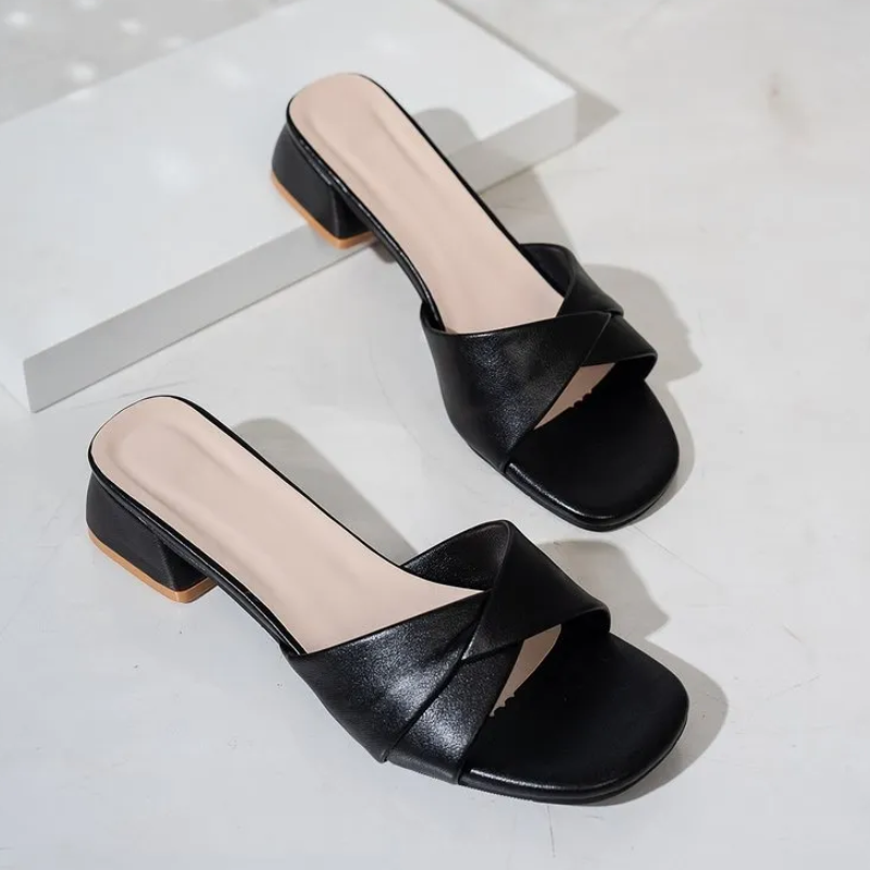 Women's Block Heel Slides Square-Toe  Open-Toe Fashionable Mid-Heeled Sandals