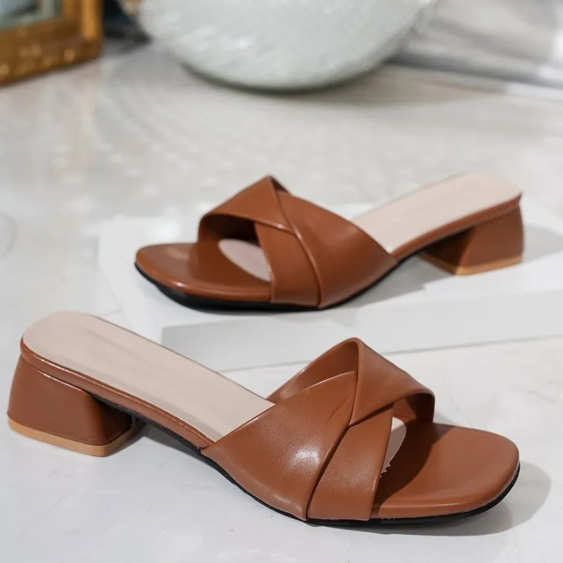 Women's Block Heel Slides Square-Toe  Open-Toe Fashionable Mid-Heeled Sandals