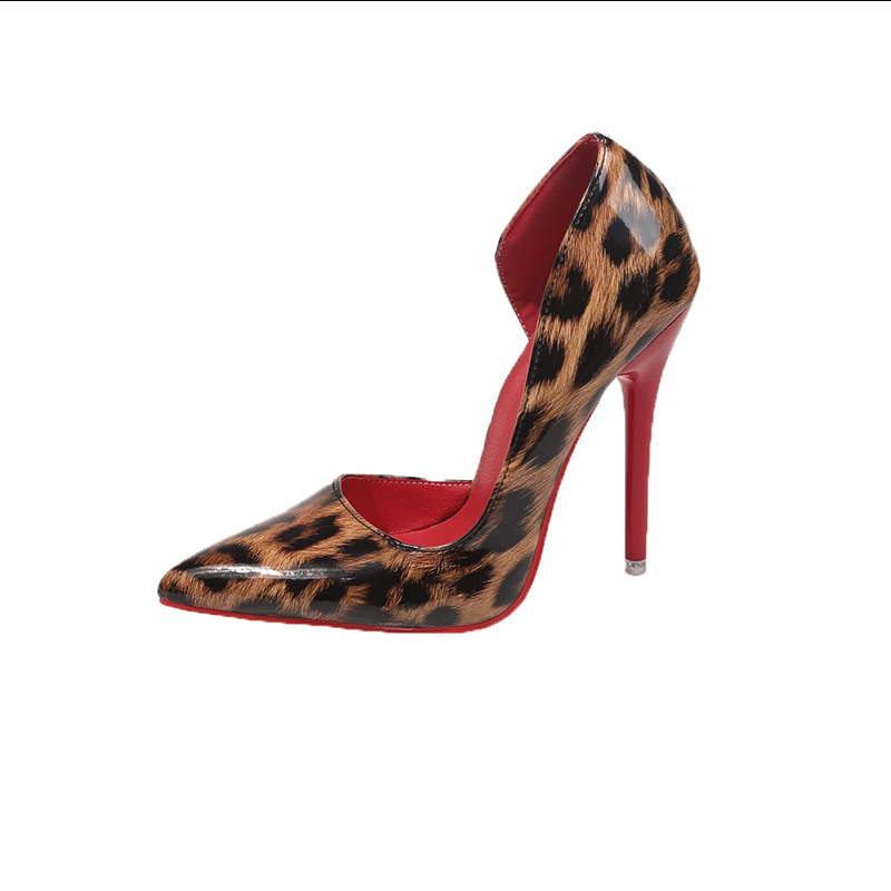 Pointed-Toe Leopard Print Low-Cut Women's High Heels 4.7-Inch Stiletto Heel Classic Style With Side Cutout