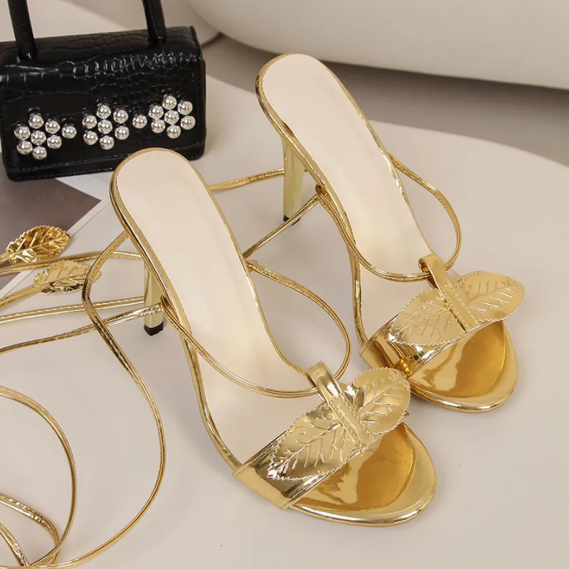 Women's Leaf-Shaped Gold Strappy High-Heeled Sandals - Glossy  Stylish  And Versatile