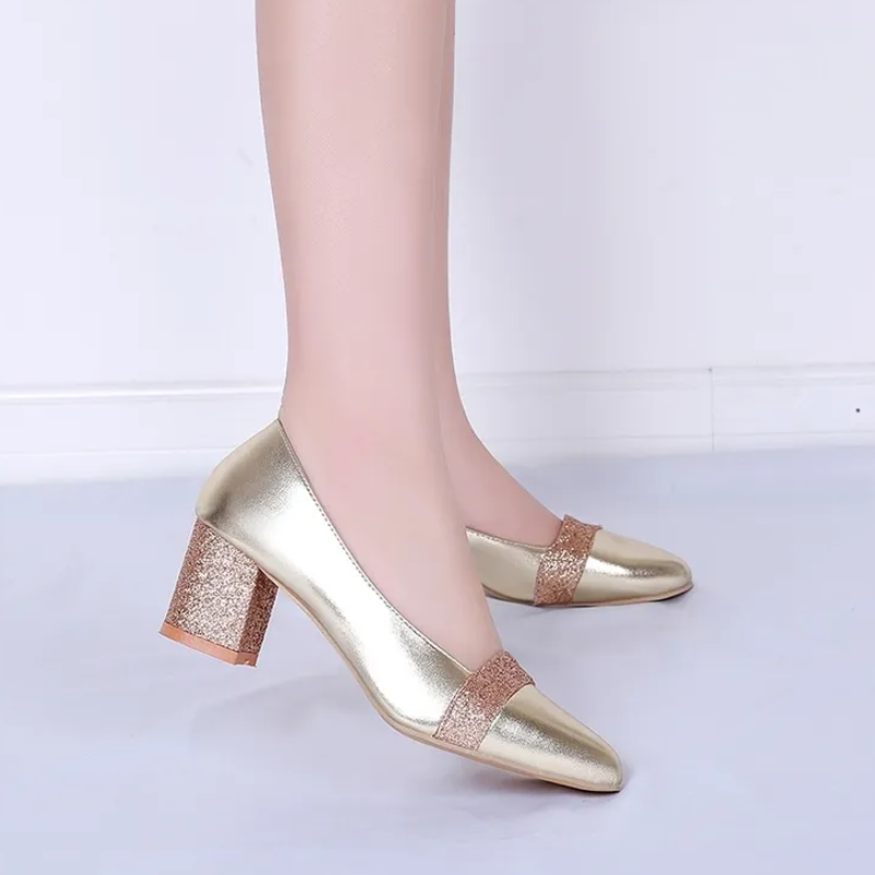 Chunky Heel Pointed Toe Slip-On High Heels With Sequins And Color Blocking
