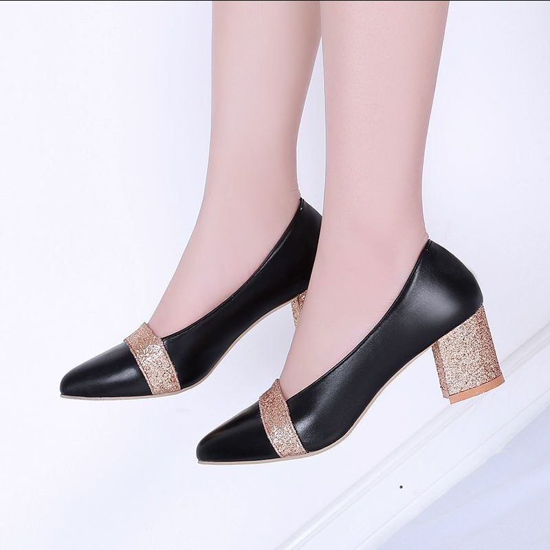 Chunky Heel Pointed Toe Slip-On High Heels With Sequins And Color Blocking