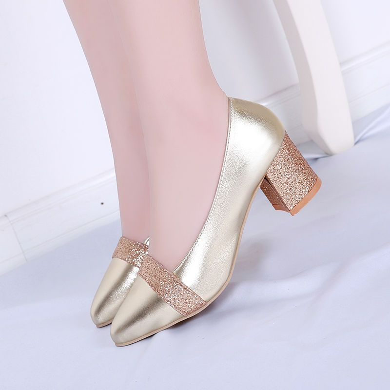 Chunky Heel Pointed Toe Slip-On High Heels With Sequins And Color Blocking