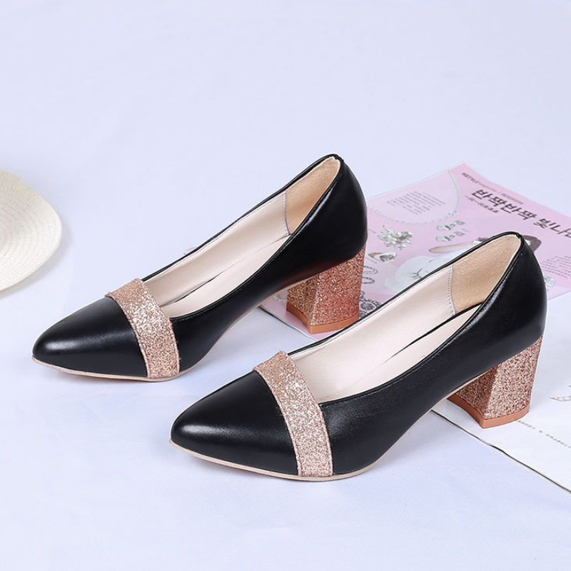 Chunky Heel Pointed Toe Slip-On High Heels With Sequins And Color Blocking