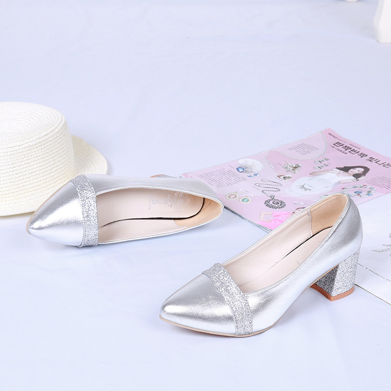 Chunky Heel Pointed Toe Slip-On High Heels With Sequins And Color Blocking
