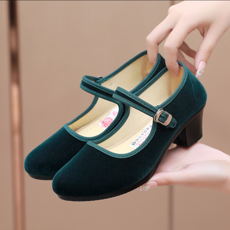 Women's Cloth High-Heeled Work Shoes  Solid Color Velvet Slip-On Shoes